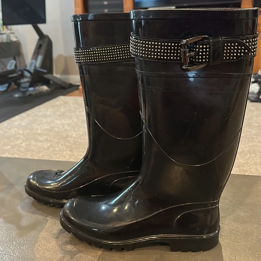 Burberry Black Patent Knee-High Rain Boots with Studded Strap Detail